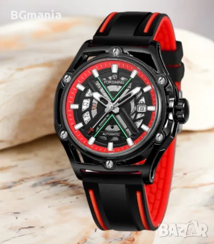 Мъжки часовник 8282с1 механичен двуцветна силиконова каишка черно и червено, снимка 2 - Мъжки - 48753001