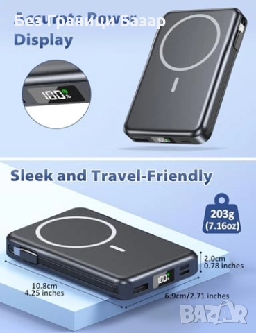  Нова Магнитна Magsafe външна батерия 10000mAh PD 20W зарядно телефон, снимка 6 - Външни батерии - 52470213