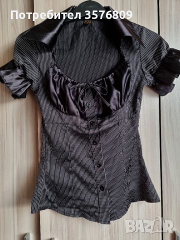 Сатенена елегантна къса дамска риза в черен цвят и на райе черно бяло , снимка 7 - Ризи - 39568480