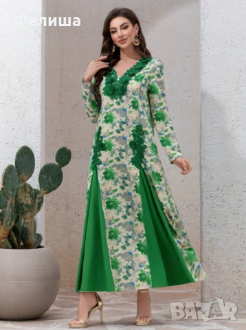 Прекрасна Дълга Памучна Рокля с Луксозна Бродерия в Тревисто Зелен Цвят, снимка 6 - Рокли - 51062191