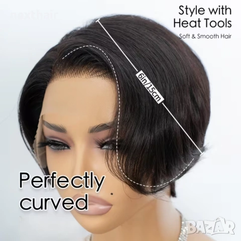 Къса черна перука с дантела 13x4 - скосен боб, естествен ефект, снимка 4 - Аксесоари за коса - 54055365