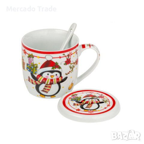 Комплект коледна чаша Mercado Trade, С капак и лъжица, Пингвин, 350мл., снимка 2 - Чаши - 42925070