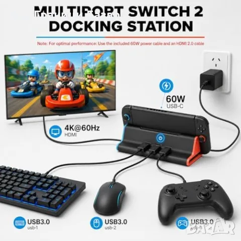 Нов адаптер Докинг станция за Switch 2, 4K HDMI, 60W USB-C, 3x USB 3.0 игри геймъри, снимка 6 - Аксесоари - 55848471