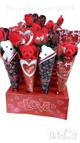 Ромавтичен букет с плюшено мече и роза , снимка 2 - Други - 53097197