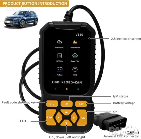 НОВ Професионален автомобилен диагностичен кодочетец V520 Full OBD2 EOBD, снимка 3 - Аксесоари и консумативи - 50511235