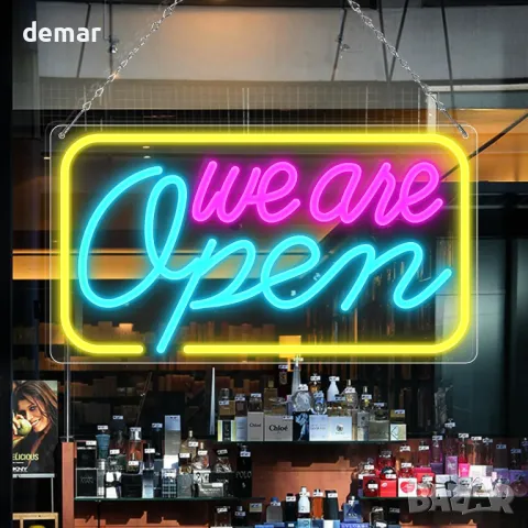 LED неонов надпис We Are Open, 42x23 см, USB захранване, (розово&синьо&жълто)