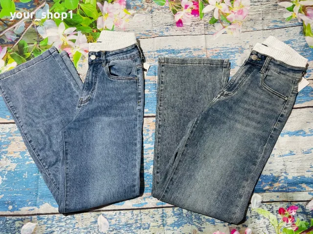 2 цвята Дамски дънки Чарлстон с ефектен бял ластик при талията широк крачол  , снимка 6 - Дънки - 49416836