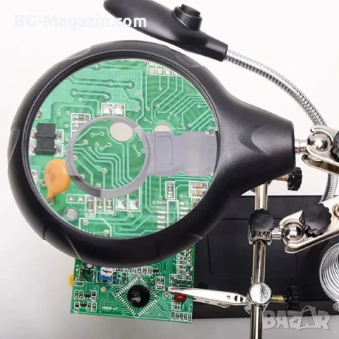 Мощна увеличителна настолна лупа LED лампа свободни ръце лед осветление за запояване платки щипки, снимка 12 - Поялници и запояване - 50921119