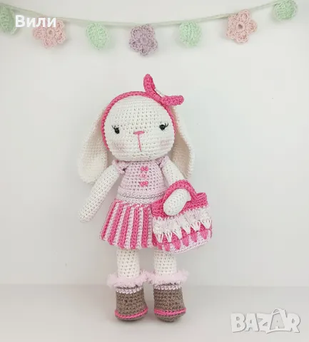Плетено зайче, играчка ръчна изработка, подарък за момиче, зайче с чанта и рокля