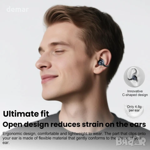 Ucani слушалки с отворени уши тип „щипка“, HiFi музика‌ 360°, 65 часа, за iOS и Android, черни, снимка 4 - Безжични слушалки - 50601023