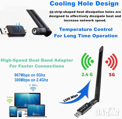 1300Mbps USB 3.0 WiFi , 802.11 AC Безжичен мрежов адаптер Двулентов 2.42GHz/400Mbps 5.8GHz/866Mbps 5, снимка 3 - Мрежови адаптери - 33704587