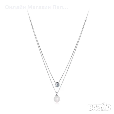 BAMOER Сребърно двойно колие с 0.5к диамант мойсанит и перла, снимка 2 - Колиета, медальони, синджири - 52897829
