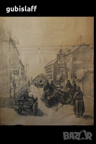 Стара картина, град, военни, танк, мотоциклет с кош, 1950-те, снимка 5 - Картини - 31367528