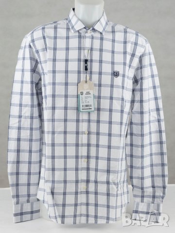 Бяла мъжка риза от памук на тъмносиньо каре Jimmy Sanders - L, снимка 1 - Ризи - 42809535