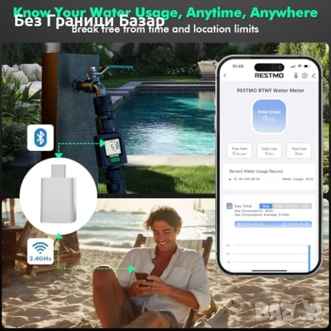 Нов смарт WiFi Bluetooth водомер за градина двор маркуч дебит и разход на вода, снимка 2 - Друга електроника - 54044129