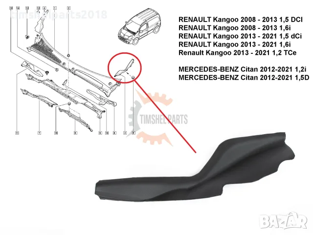 Панел под челното стъкло Renault Kangoo 2008-2021, MERCEDES-BENZ Citan 2012-2021 , - ляв