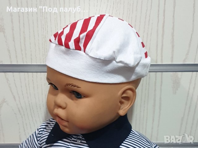 Нова моряшка шапчица тип барета червено и бяло райе, възраст до 6 месеца, снимка 2 - Бебешки шапки - 29976215