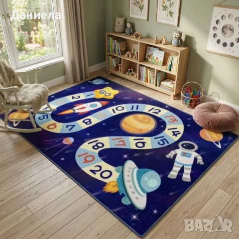 Детски килим за игра 120х160см - Тъмносин килим с космос и пътека от числа, противоплъзгащ и миещ се, снимка 3 - Други стоки за дома - 53882069