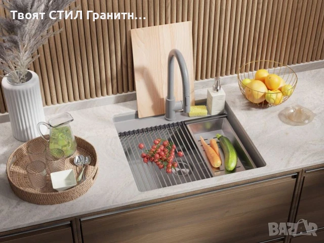 Сива кухненска мивка за вграждане под плот Берген 60 Low 560x530 мм, снимка 5 - Мивки - 51415886