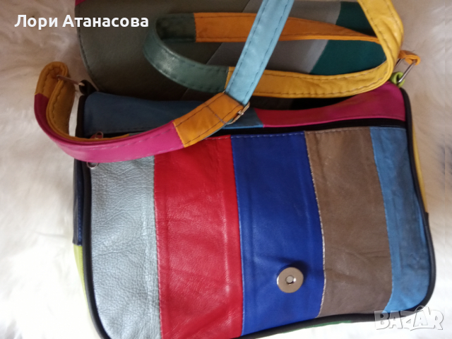 Многоцветна дамска чанта през рамо, от мека естествена кожа на парчета – светлосиньо, жълто, тъмнока, снимка 13 - Чанти - 36475692