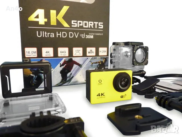 Екшън Камера 4K с Wi-Fi, Водоустойчива Заснемане Спортна Камера Мото (последна останала бройка жълт 