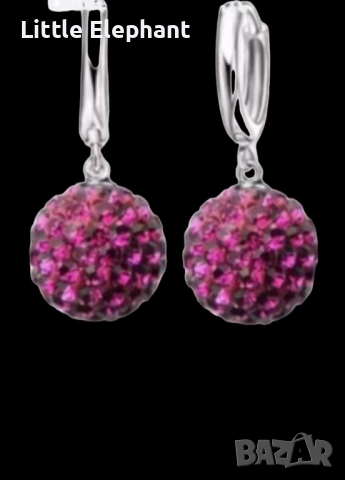 Сребърни висящи обеци топчета с кристали,dark pink/нови