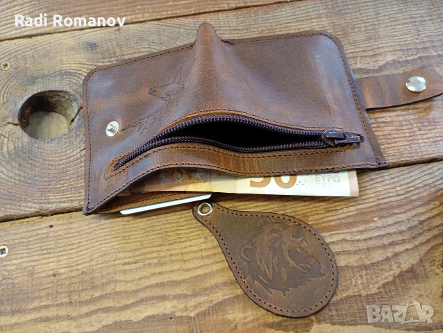 Ръчно изработен мъжки кожен портфейл+ ключодържател , снимка 5 - Портфейли, портмонета - 53936419