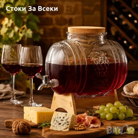 Стъклено буре 5 л с кранче и дървена поставка, снимка 2 - Други - 56321455