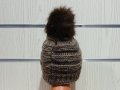 Нова дамска плетена шапка кафяв меланж с помпон/пух, снимка 12