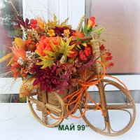 Есенна аранжировка в колело от бамбук, снимка 1 - Изкуствени цветя - 42118720
