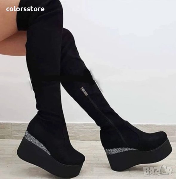 Ботуши на платформа - черен велур и брокат - 122K, снимка 1