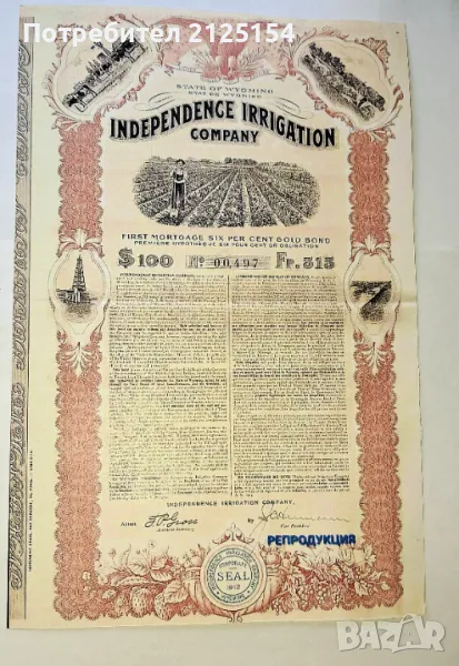 АКЦИЯ,100 ДОЛАРА,САЩ, 1914 г -РЕПЛИКА, снимка 1