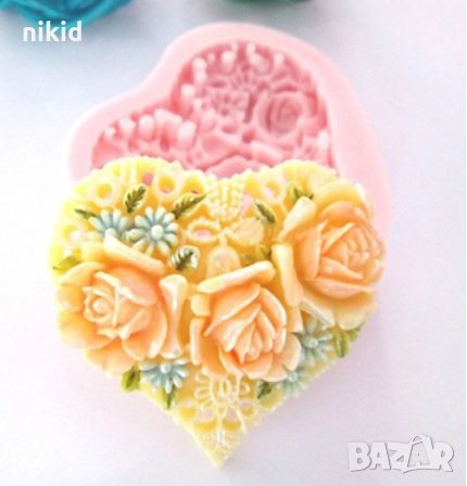 сърце с рози и цветя силиконов молд форма фондан шоколад гипс смола украса декор, снимка 1