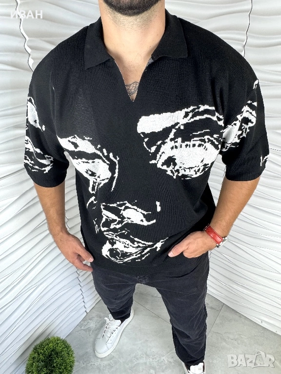 Мъжка блуза от плетиво с къс ръкав в черен цвят, снимка 1