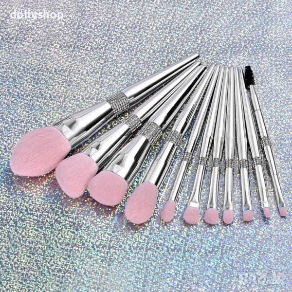 Комплект Четки за Грим с Кристали Сребърни дръжки, снимка 1