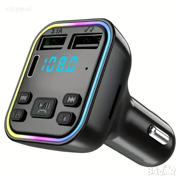 CAR Bluetooth FM трансмитер, RGB LED светлини, 2xUSB + TYPE C, снимка 1