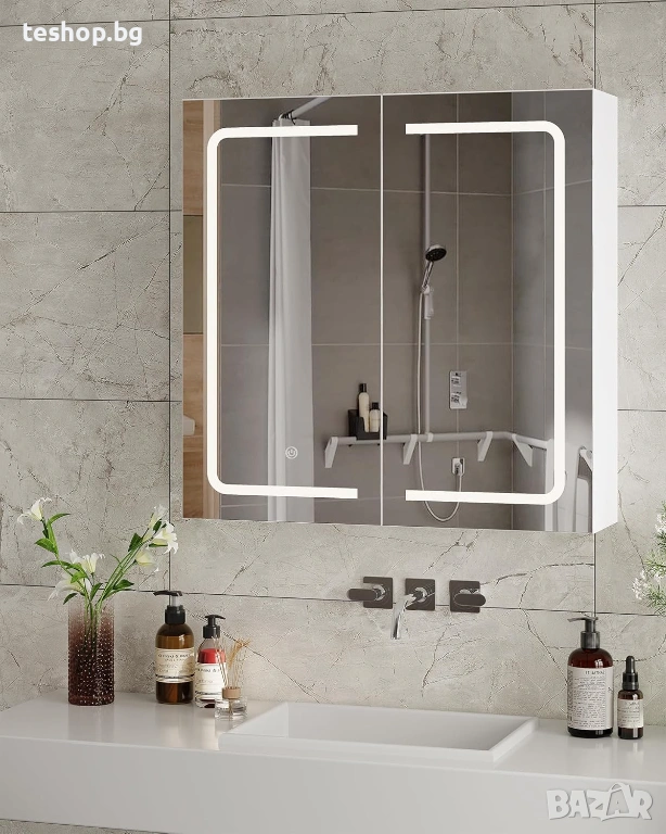 Огледален шкаф за баня с осветление, 2 врати, 3 цветни температури, с осветление, сензорен ключ, бял, снимка 1