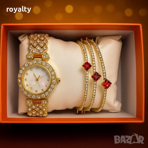 Готов сет за елегантност: кварцов часовник + 3 гривни с червени акценти, снимка 5 - Бижутерийни комплекти - 52122215