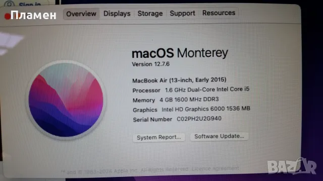 Apple MacBook Air 13.3 a1466 (early 2015) Intel i5-1,66 / 4GB / 128GB, снимка 2 - Лаптопи за работа - 49998465