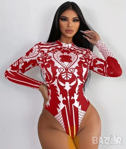 Дамско боди с висока яка и червен флорален принт, снимка 3 - Блузи с дълъг ръкав и пуловери - 52878774