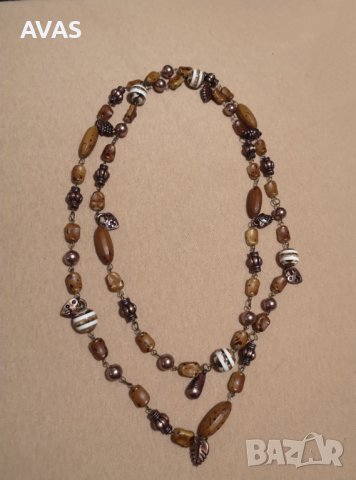 Нов кафяв двуредов гердан с камъчета, снимка 1 - Колиета, медальони, синджири - 36694565
