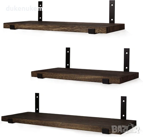 Комплект 3 бр. дървени плаващи стенни рафтове, рустик стил