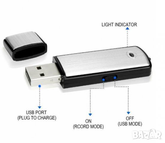Диктофон 32GB ВГРАДЕНА ПАМЕТ USB Флаш Драйв Скрит Аудио Рекордер 400 ч. Записва 24 ч. Без Прекъсване, снимка 2 - Аудиосистеми - 37807272