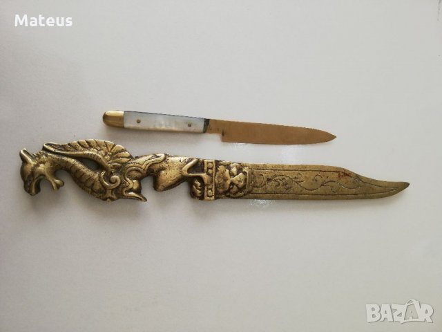 Античен китайски месингов нож за писма-рядък и уникален, снимка 3 - Антикварни и старинни предмети - 33753241