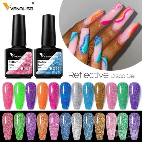 Venalisa светещ блестящ гел лак неон / серия Reflective Glitter