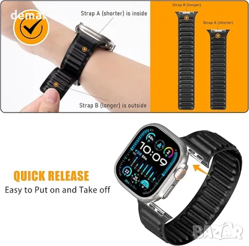 maogoam Mag-Link магнитна кожена каишка за Apple Watch Ultra 2 49 mm (2022-2024), черна, снимка 4 - Аксесоари за Apple - 48876510