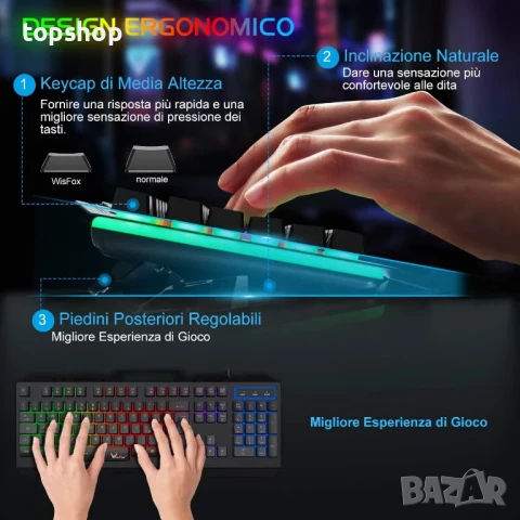 НОВА Геймърска клавиатура WisFox с подсветка, версия 2023 г., снимка 3 - Клавиатури и мишки - 50525571