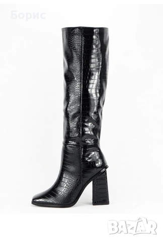 Елегантни черни кроко кожени ботуши, снимка 2 - Дамски ботуши - 54044000