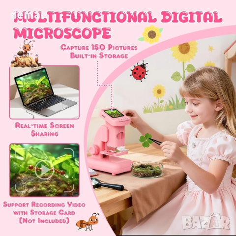 Yidoroye Цифров микроскоп за деца с 2.0" HD екран, 6-12 години, розов, снимка 6 - Образователни игри - 51877383