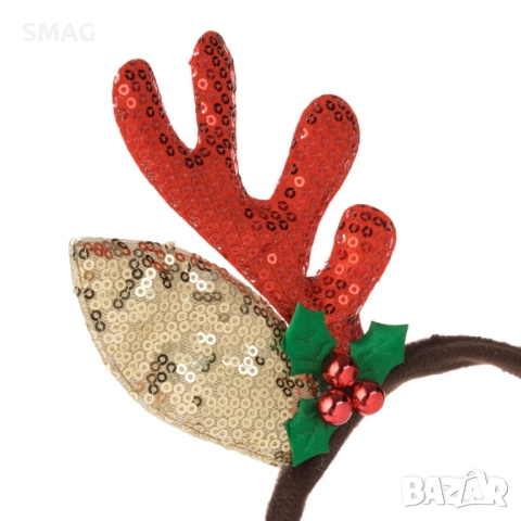 Коледна диадема с рога, червено-златни ушички с брокат_1242794, снимка 2 - Шноли, диадеми, ленти - 52708248